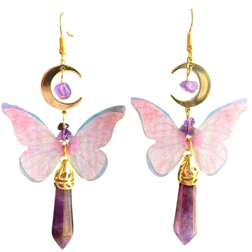 New Crystal Butterfly Gold Amethyst Quartz Druzy Dangle Earrings Stone Moon‎